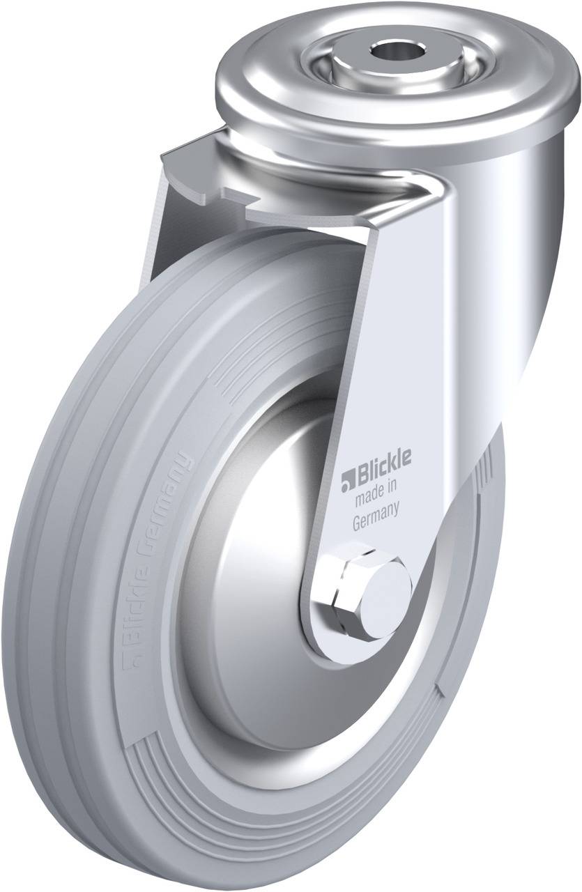 Metallrolle mit grauem Gummirad und glänzendem Gehäuse, vorne sichtbare Aufschrift 'Blickle made in Germany'.