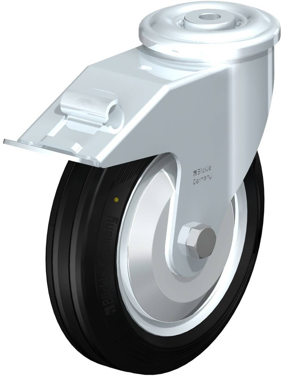 Drehbares Möbelrad aus Metall mit schwarzem Reifen und Befestigungsvorrichtung, geeignet für schwere Lasten.