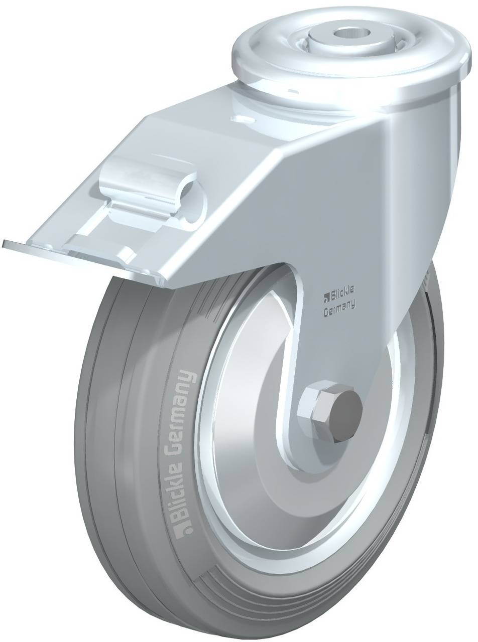 Industrie-Bockrolle mit grauem Kunststoffrad und Metall-Gehäuse, geeignet für schwere Lasten auf glatten Oberflächen.