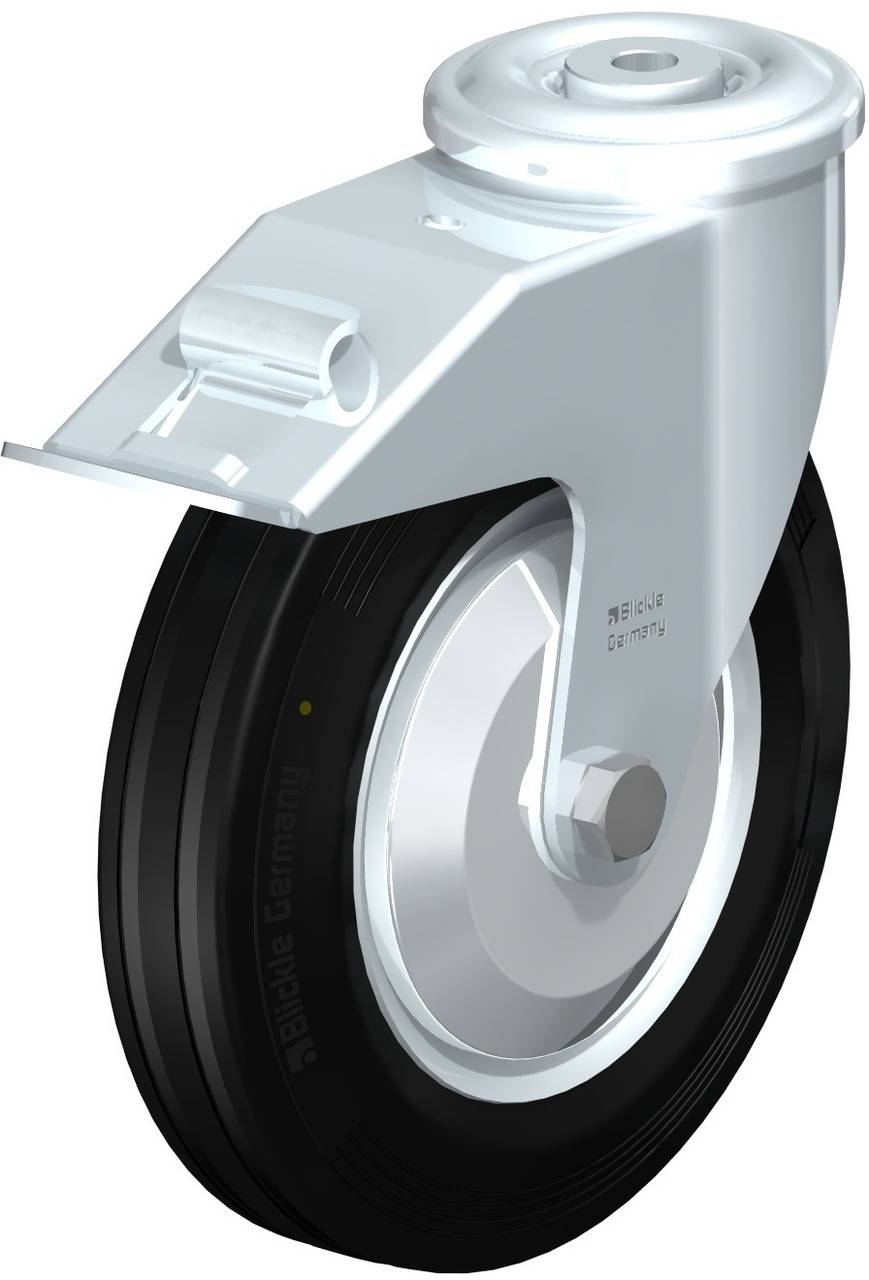 Ein einzelnes Rad mit schwarzem Reifen und weißem Gehäuse, geeignet für industrielle Anwendungen. Side-View, keine Umgebung sichtbar.