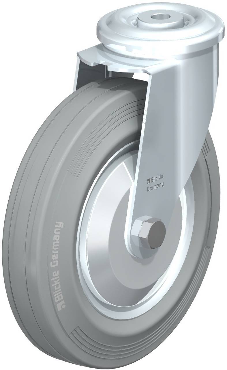 Graues Rad mit silbernem Metallgehäuse, geeignet für Wagen oder trolleys. Deutlich sichtbares Markenzeichen auf der Radoberfläche.