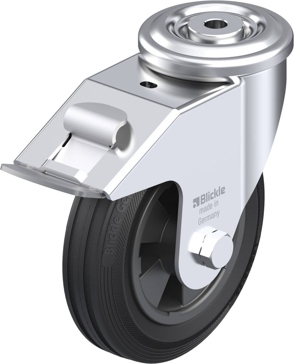 Metallisches Gehäuse-Rollenrad mit schwarzem Gummirad und Aufschrift 'Made in Germany'. Gedacht für Möbel oder Geräte.