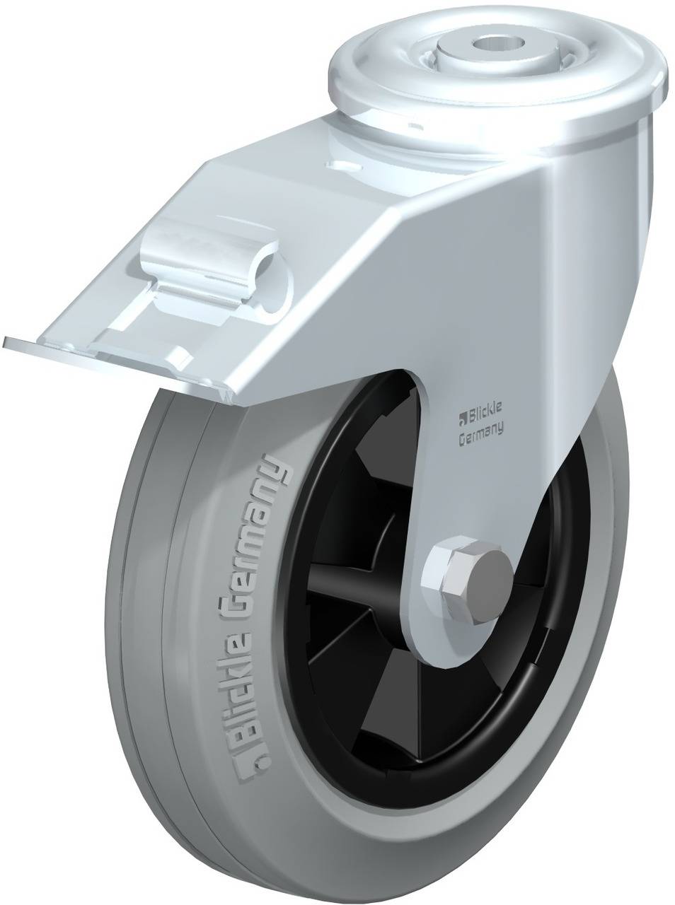 Industrie-Lenkrolle aus Metall mit Gummirad und Montageplatte, geeignet für Schwerlastanwendungen in Fabriken oder Lagerhallen.
