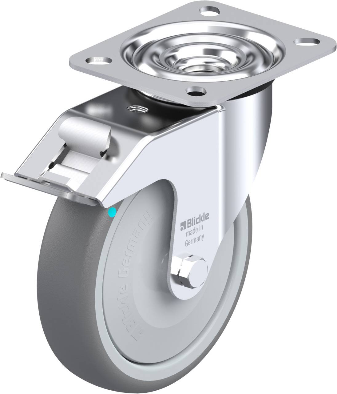 Rolle mit Metallhalterung und grauem Rad, geeignet für Möbel oder Transportgeräte. Markierung mit 'made in Germany'.