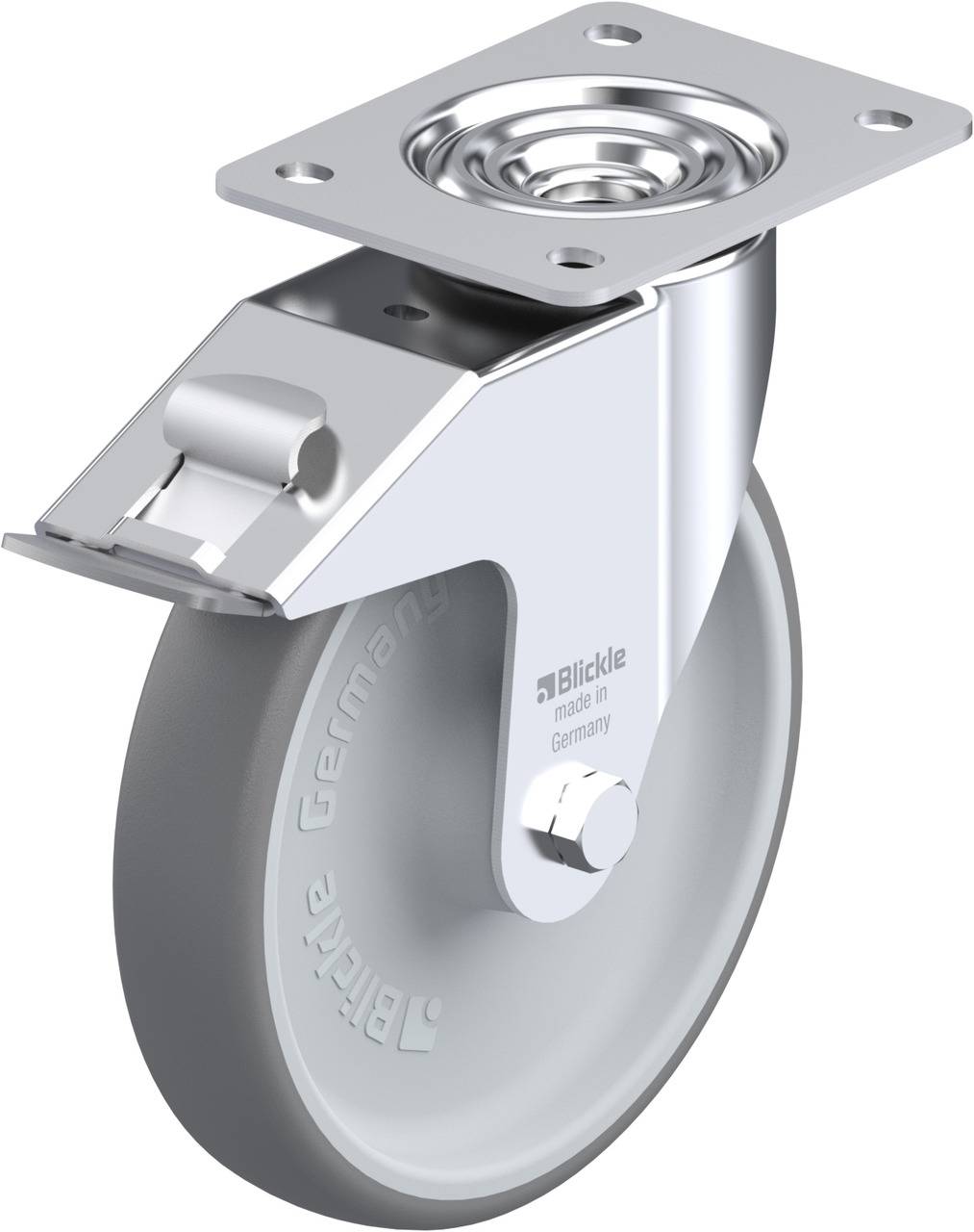 Graue Apparaterolle mit Metallgehäuse und rechteckiger Montageplatte. Rollen aus Polyurethan, geeignet für industrielle Anwendungen.