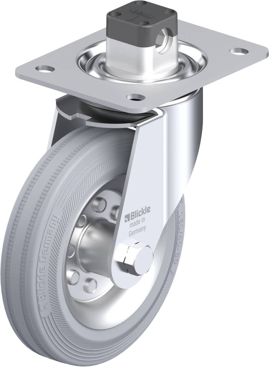 Metallisches Lenkrollenrad mit grauem Reifen, Halterung und Drehmechanismus. Auf dem Rad ist 'Blickle' und 'Made in Germany' eingeprägt.