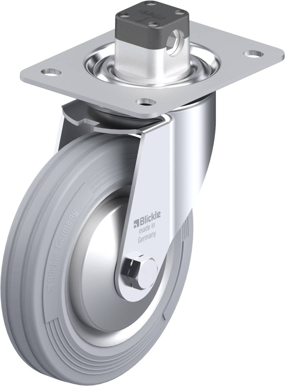 Schwenkrolle aus Metall mit grauem Rad und Kugellagerhalterung, beschriftet mit 'Blickle made in Germany'.