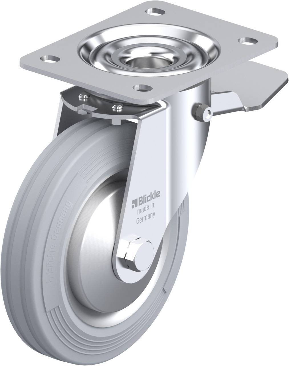 Grauer Rollwagenrad mit Metallschwenkplatte und Blickle-Logo. Geeignet für industrielle Anwendungen in Deutschland gefertigt.