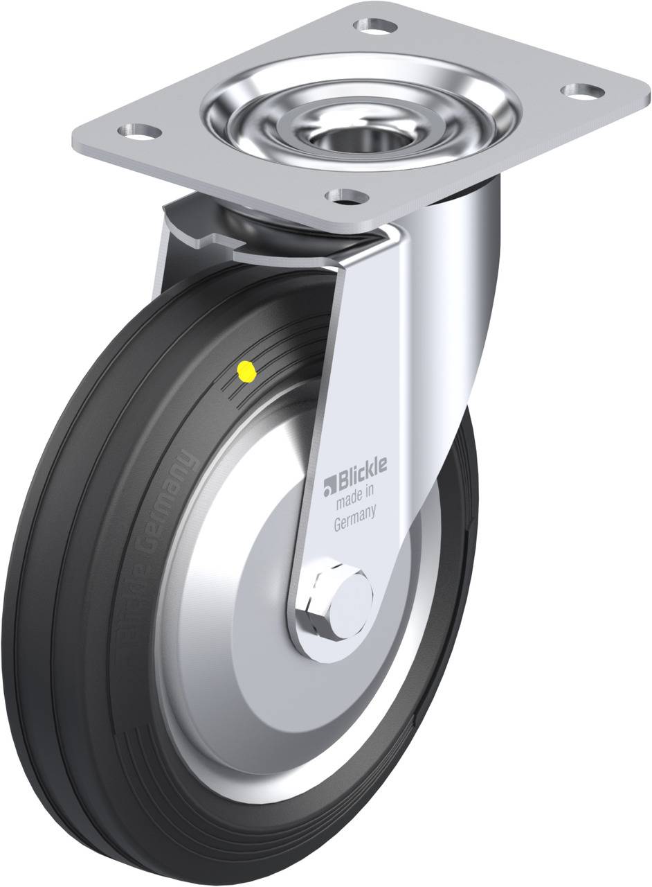 Drehbares Rollengehäuse mit schwarzem Rad und Metallplatte.工业设计 für Möbelfüße oder Transportgeräte.