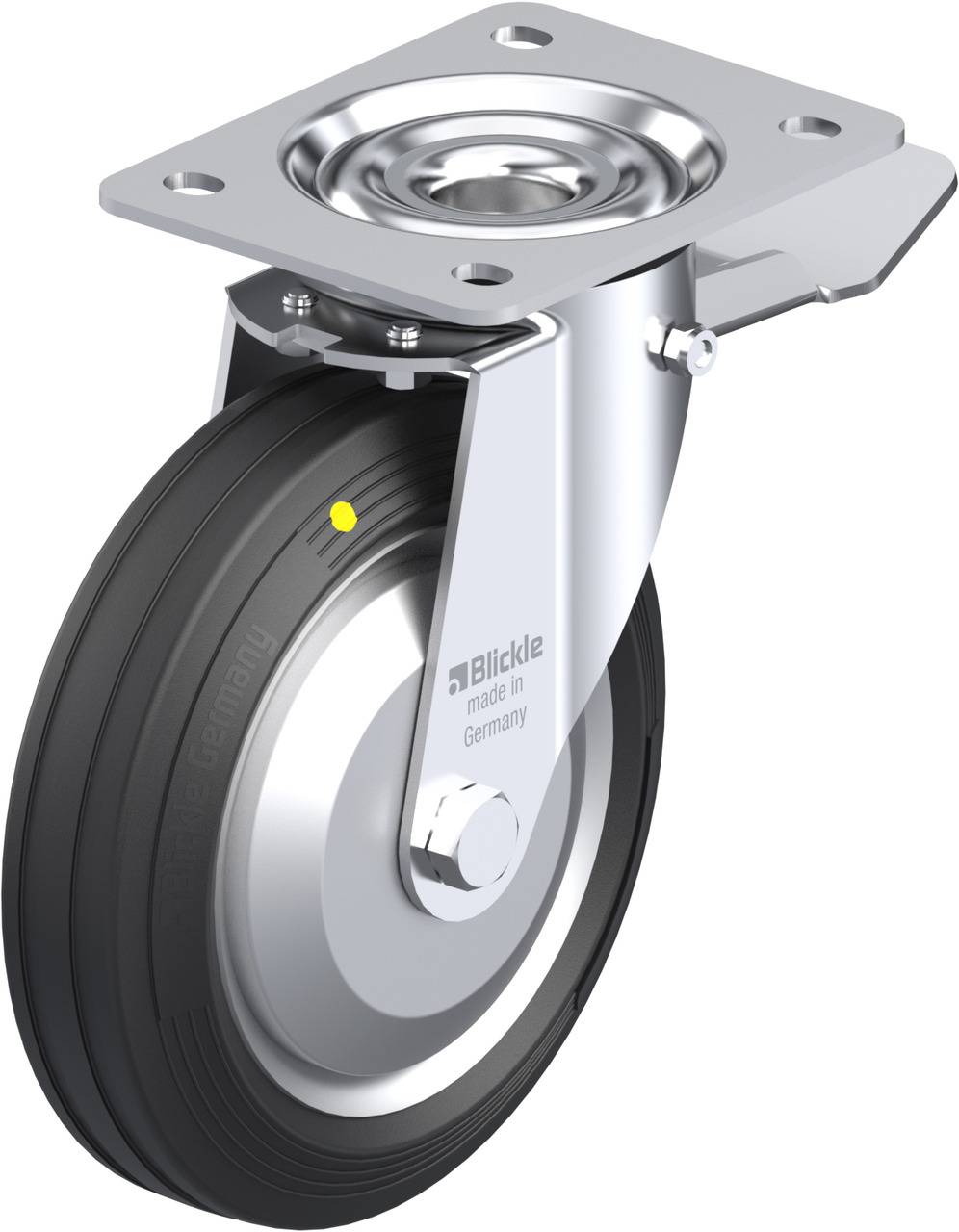 Drehbares Transportrollenrad aus Metall mit schwarzem Gummireifen. Das „Blickle“, „Made in Germany“ Logo auf der Halterung.