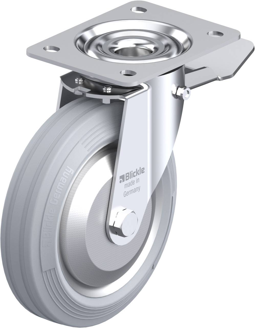 Stahlrollenhalter mit grauem Rad und Metallplatte, markiert mit 'Blickle made in Germany'. Geeignet für Möbel oder Gerätebewegung.