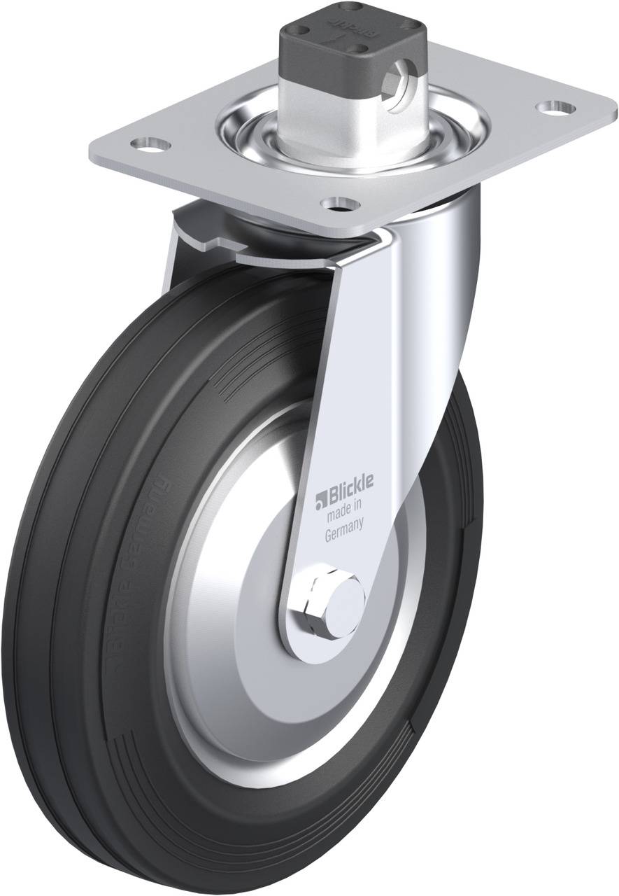 Schwenkrolle mit schwarzem Rad und silberner Halterung, oben viereckige Montageplatte, Label 'Blickle made in Germany'.