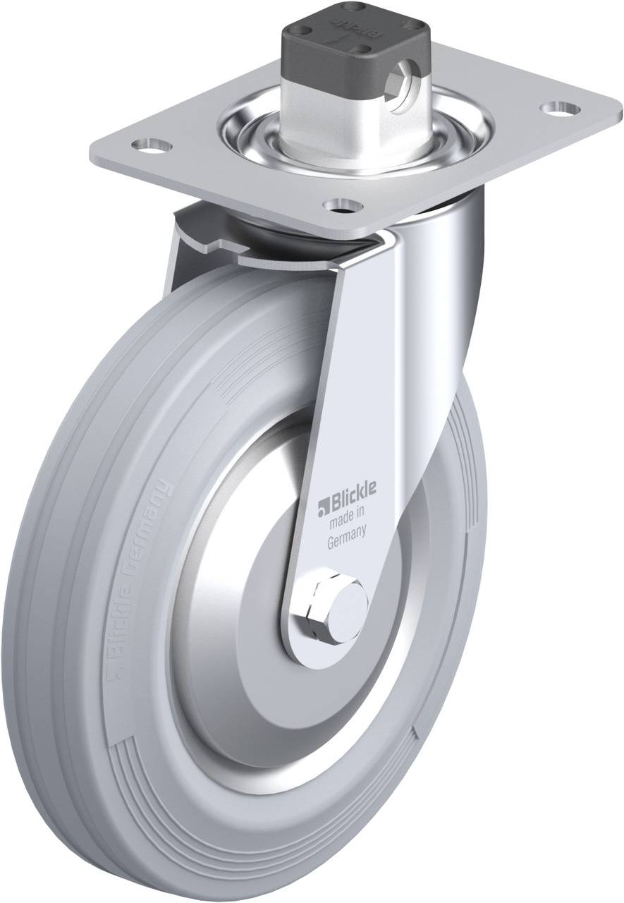 Metallisches Lenkrolle mit grau gummiertem Rad, geeignet für glatte Böden. Oberseite zeigt eine Befestigungsplatte für Montage.