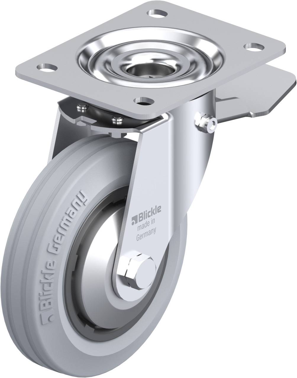 Schwenkrolle mit Platte aus Metall und grauem Rad. 'Blickle made in Germany' auf Rad gedruckt. Geeignet für Möbel oder Geräte.