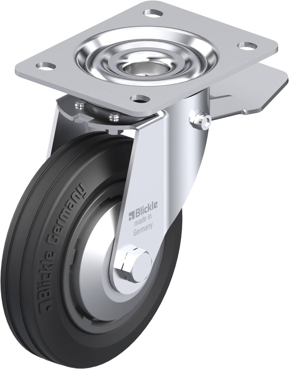 Schwenkrolle mit schwarzem Rad und silbernem Metallgehäuse, auf dem Text 'Blickle made in Germany' steht.