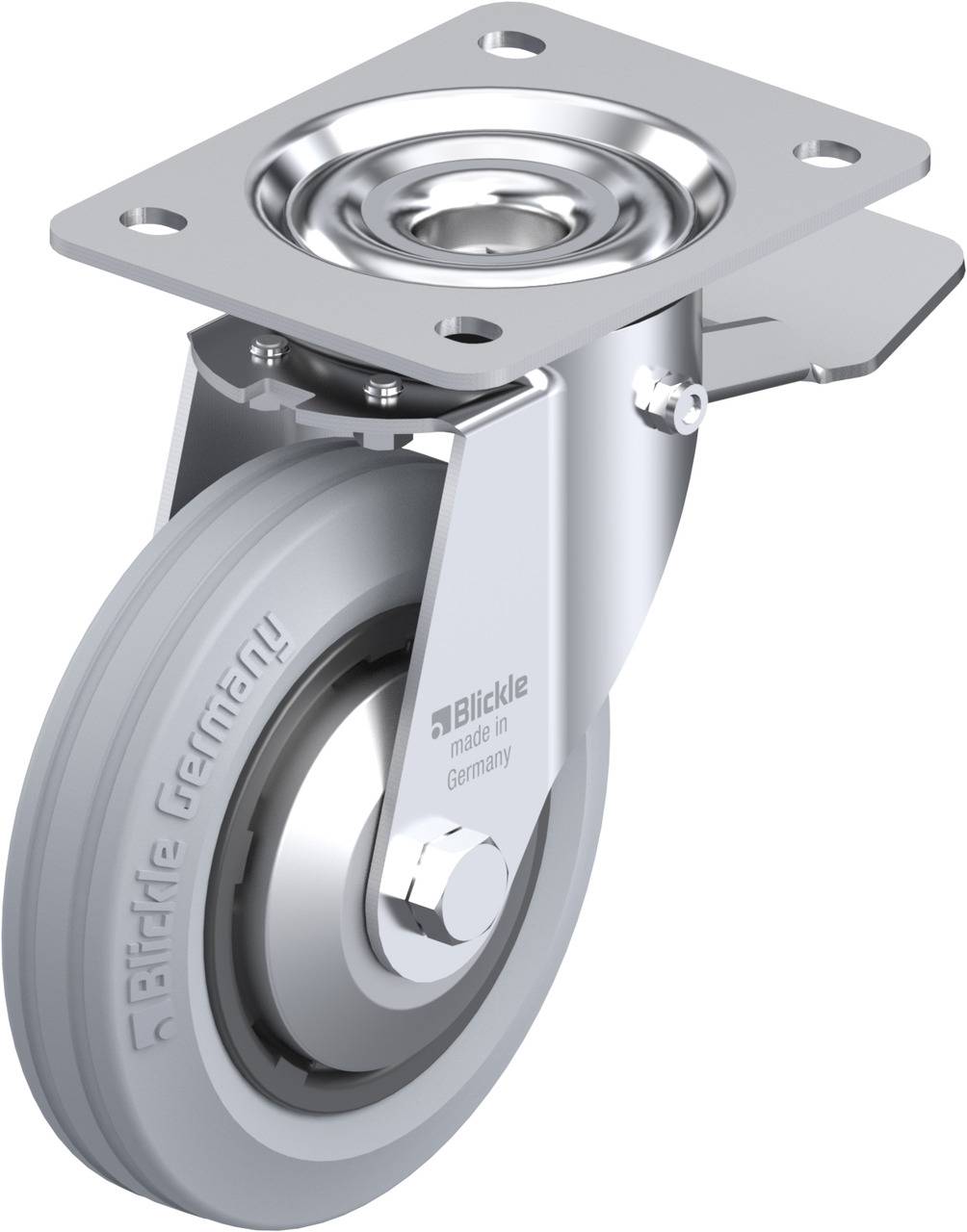 Metallisches Schwerlast-Lenkrolle mit grauem Gummirad, geeignet für industrielle Anwendungen. Auf der Rolle steht 'Blickle Germany'.