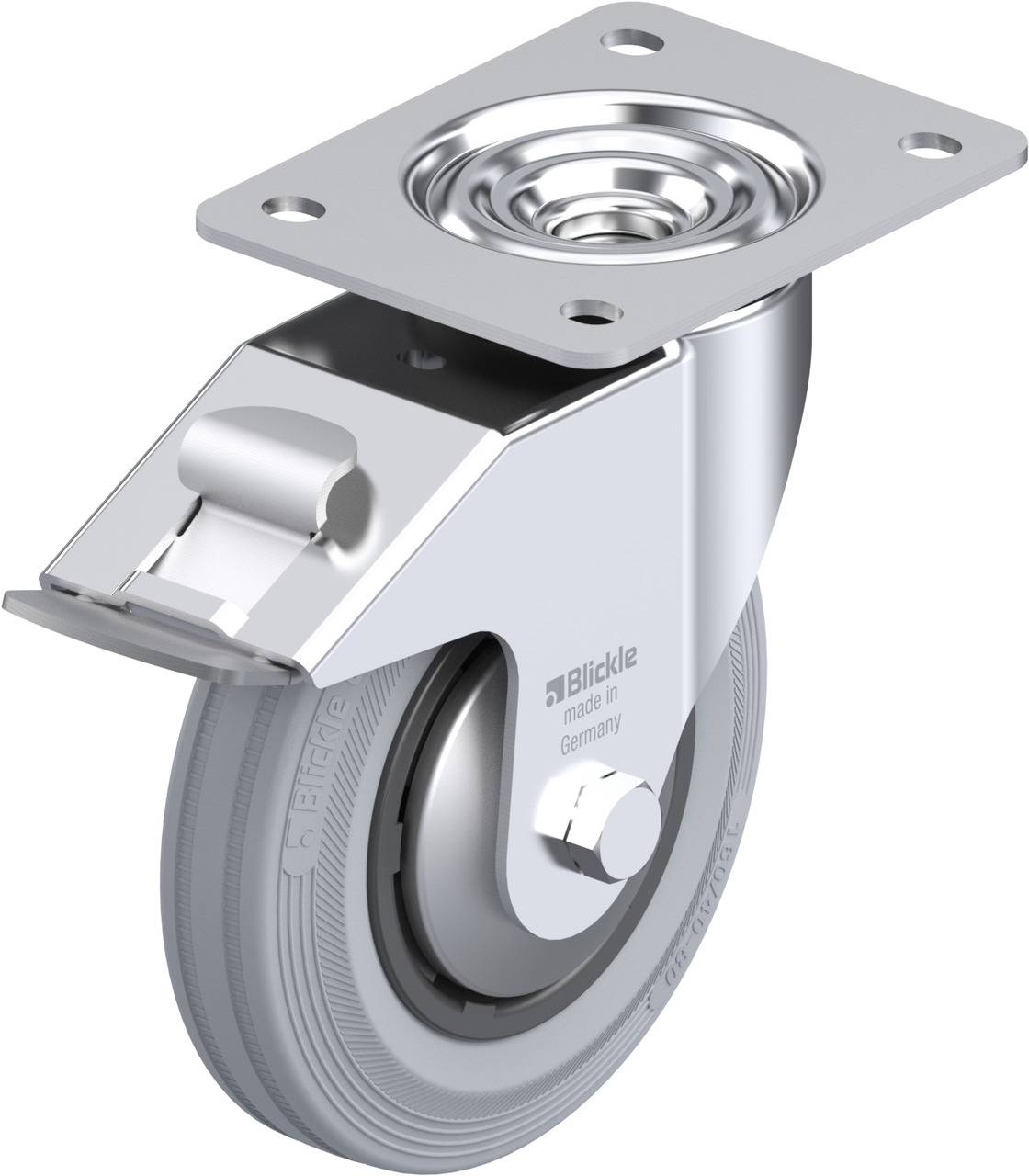 Schwenkrolle aus Metall mit grauem Rad und Platte zur Montage. Beschriftet 'Blickle, made in Germany'.
