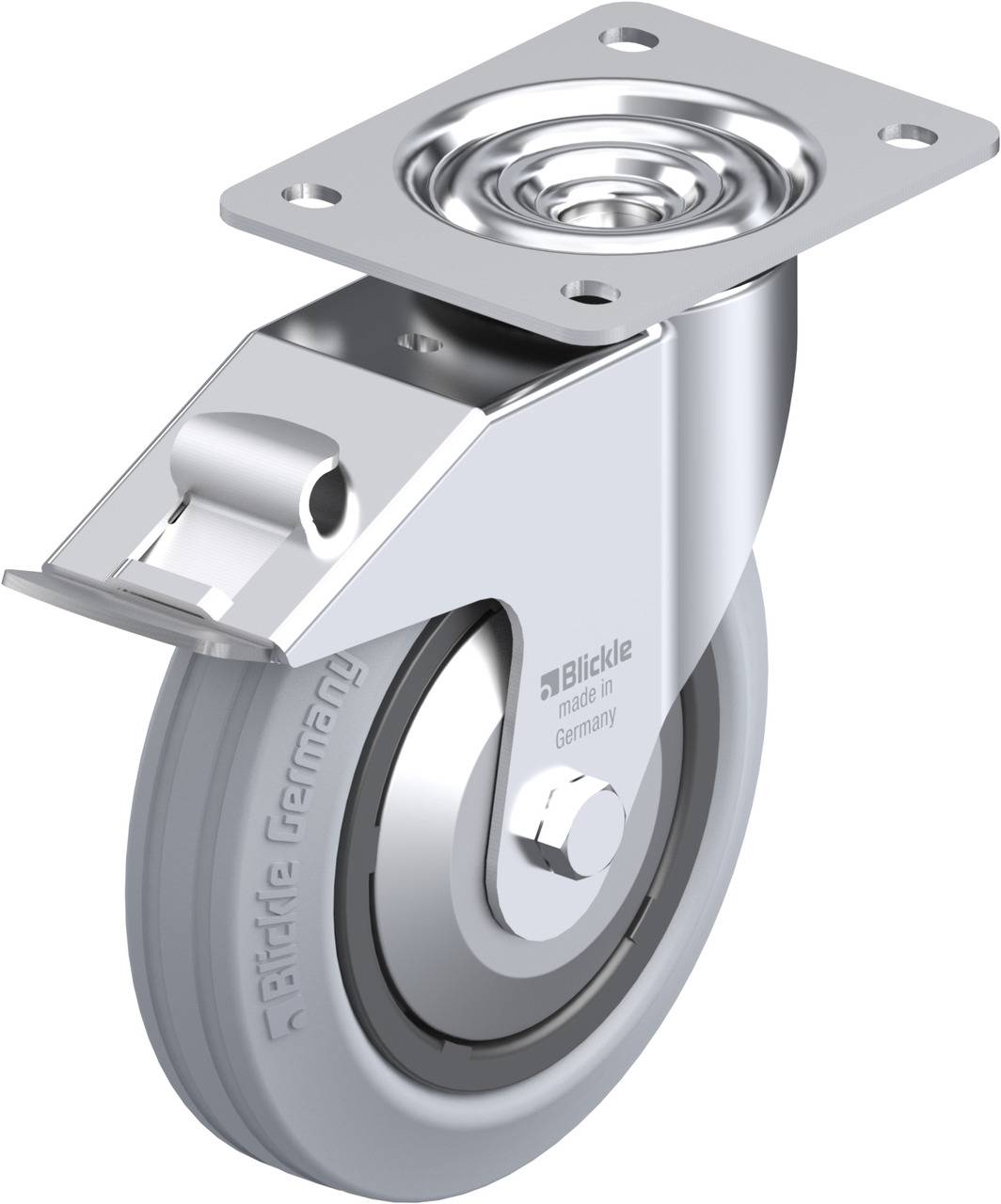 Metalllenkrolle mit grauem Rad und rechteckiger Montageplatte, geeignet für vielfältige Anwendungen, zeigt robustes Design.