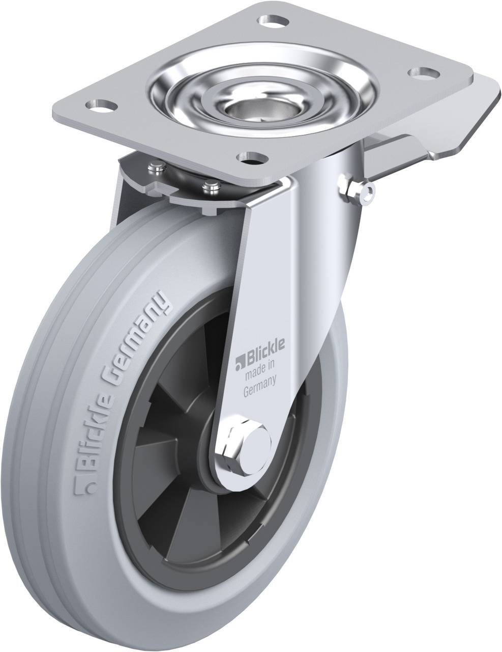 Grau-schwarze Rollenhalterung mit Dreh- und Schwenkmechanismus. Aufschrift: 'Blickle, Made in Germany'. Geeignet für Möbel oder Geräte.