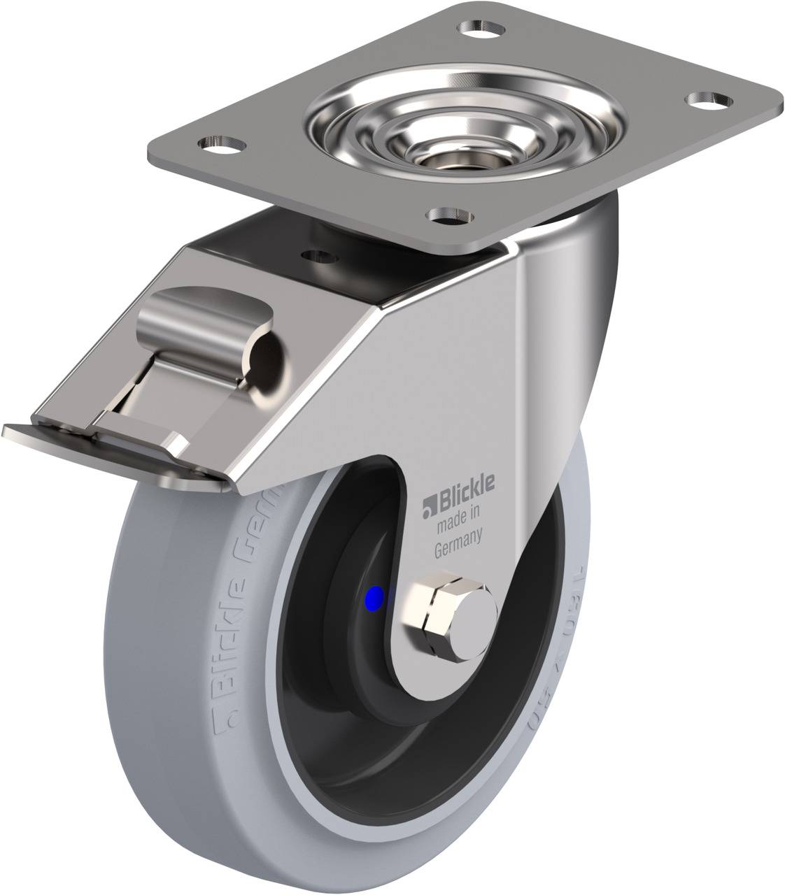 Graue Rolle mit Metallgehäuse, Drehgelenk und rechteckiger Platte zur Befestigung, geeignet für Möbel oder Transportwagen.