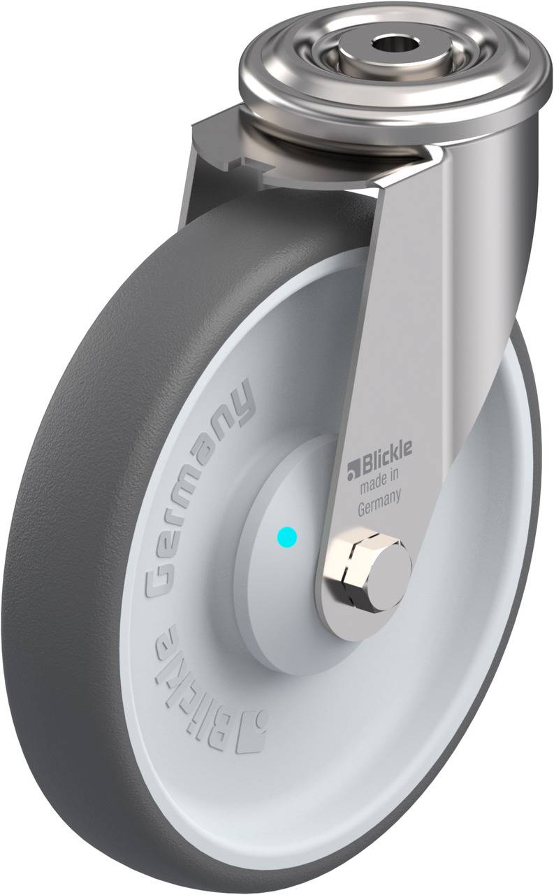 Grauer und silberner Laufrollenrad aus Metall und Gummi mit Aufschrift 'Blickle Germany', geeignet für Möbel oder Industrieanwendungen.