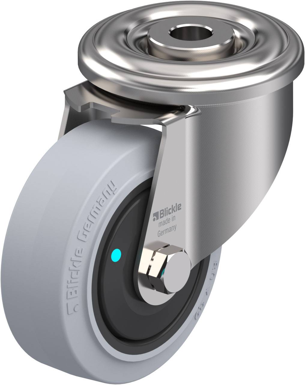 'Schwenkrolle mit grauem Rad und Stahlgehäuse, beschriftet mit 'Blickle made in Germany'. Rolle zeigt robustes Design für Belastung.'