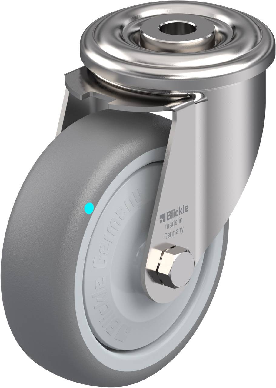 Industrie-Lenkrolle mit silbernem Metallgestell und grauem Rad. Markenname 'Blickle' und 'made in Germany' aufgedruckt.