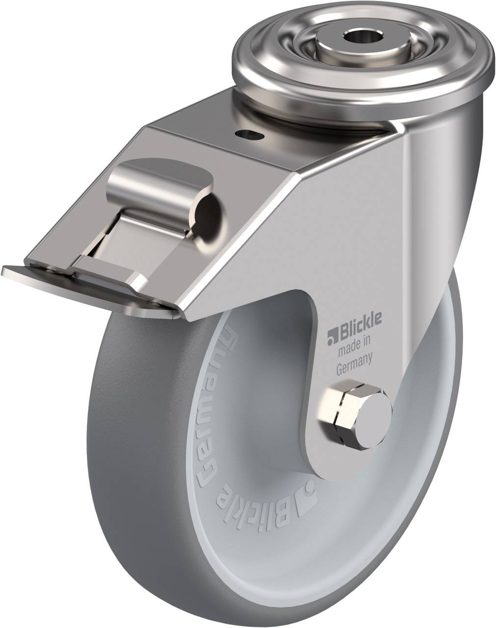 Graue Lenkrolle mit Bremse, metallischem Gehäuse und gravierter Aufschrift 'Blickle made in Germany'.