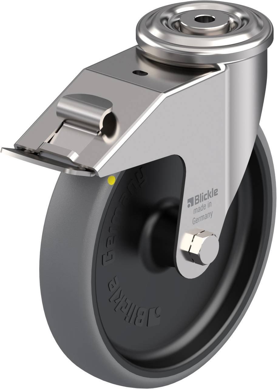 'Blickle'-Rad aus Metall und Gummi, hergestellt in Deutschland. Es hat eine Bremse und wird für robuste industrielle Anwendungen genutzt.