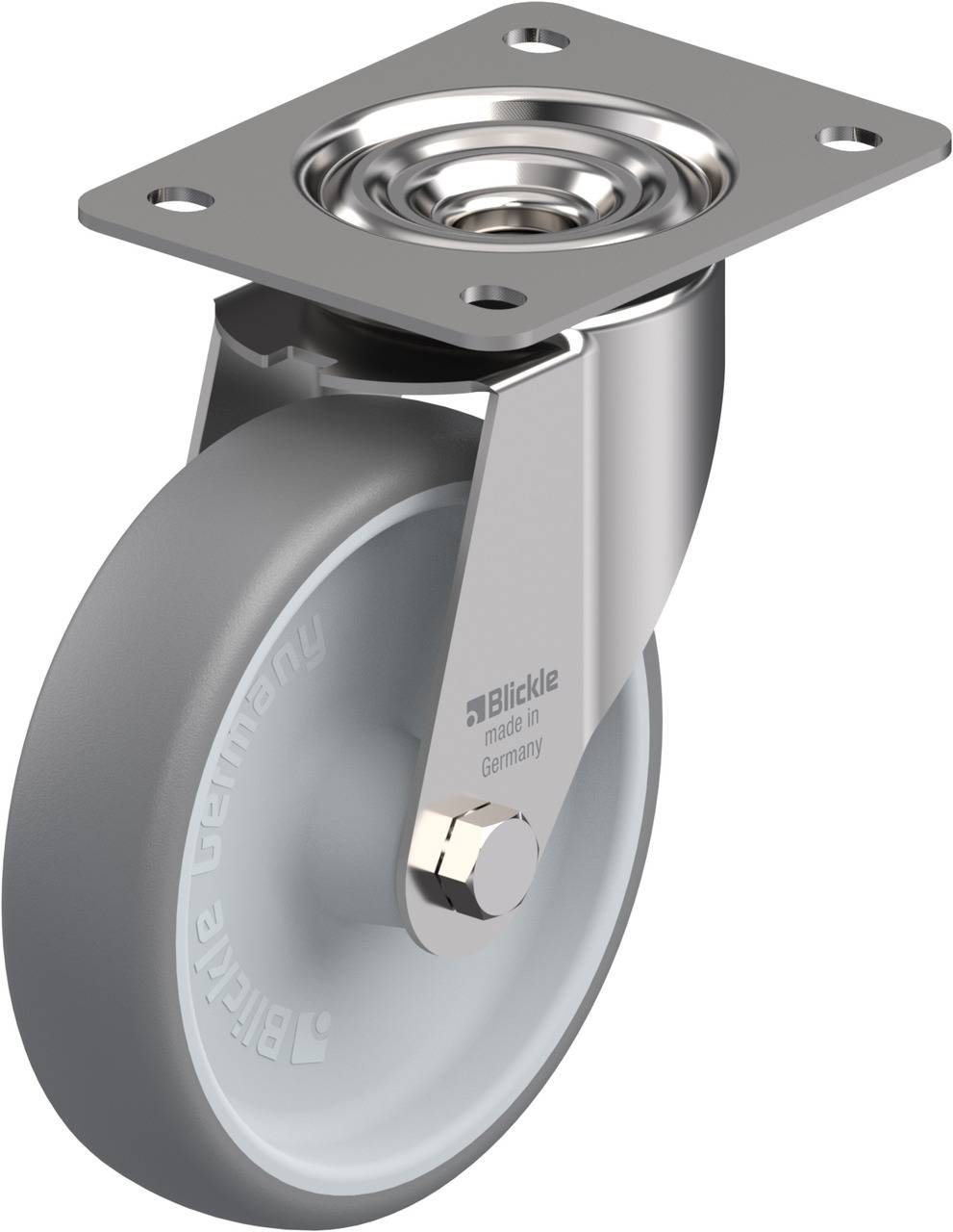 Schwenkrolle aus Metall mit grauem Rad und quadratischem Befestigungsplatte, Aufschrift 'Blickle made in Germany'.