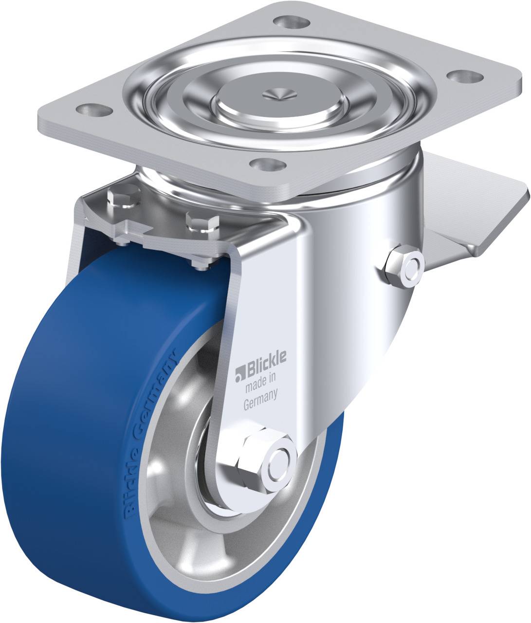 Schwenkbare Apparaterolle mit blauer Gummibereifung, Metallgehäuse, Befestigungsplatte. Markenname 'Blickle' sichtbar.