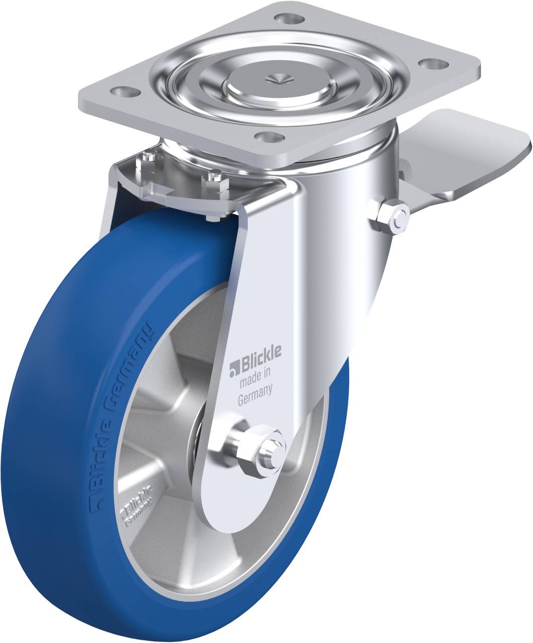 Industrielle Lenkrolle mit blauem Polyurethanrad und Metallbefestigung, geeignet für schwere Lasten oder industrielle Anwendungen.