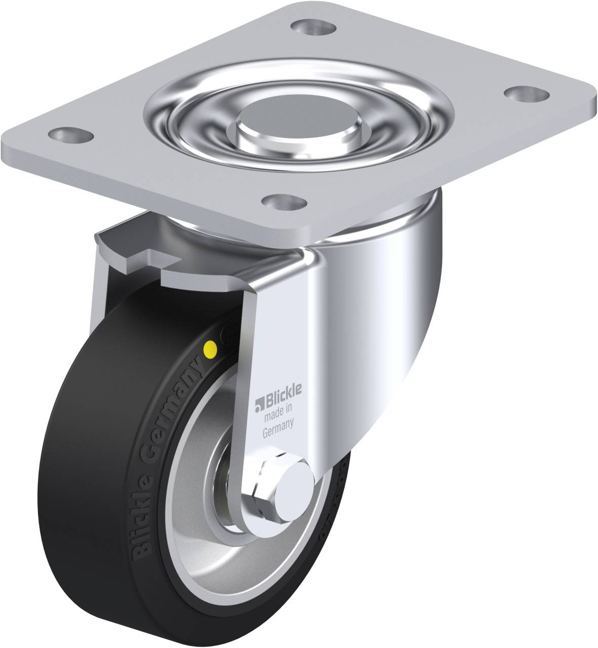 Ein rollendes Rad mit Befestigungsplatte aus Metall und schwarzem Räderreifen, geeignet für Möbel oder Geräte, auf hellem Hintergrund.