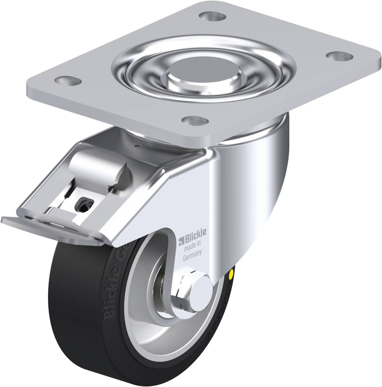 Metall-Rollenhalter mit schwarzem Rad und Bremsmechanismus, auf weißem Hintergrund.