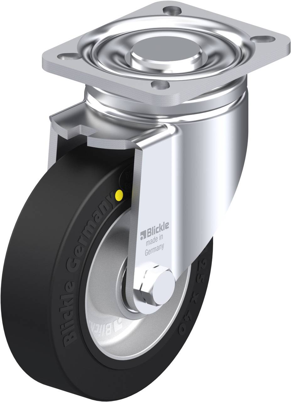 Shoppingwagenrad aus Metall und Gummi mit Kugellager, glänzendem Gehäuse und 'Blickle Germany' Gravur.