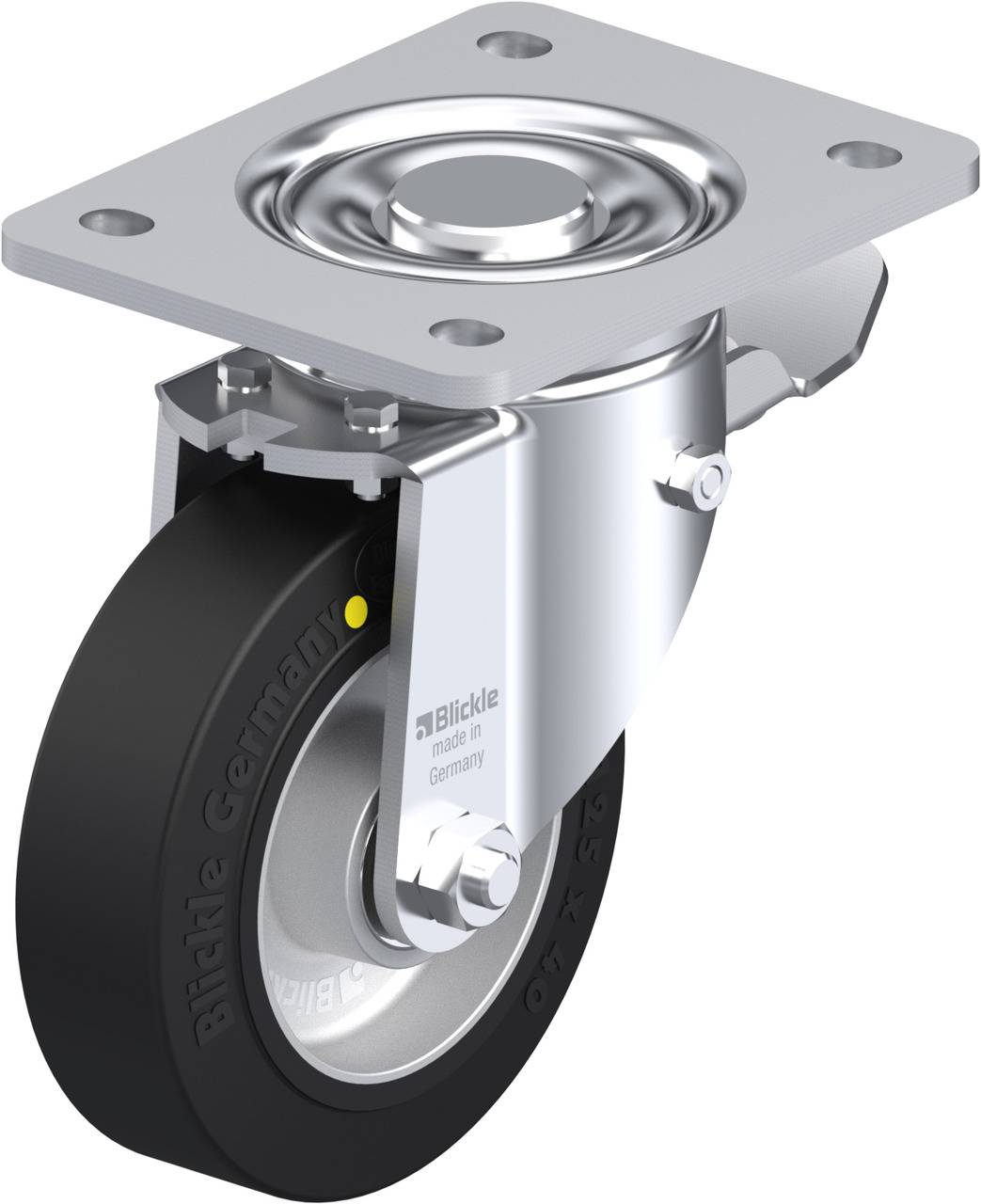 Eine einzelne drehbare Lenkrolle mit einem schwarzen Rad, einer Metallhalterung und einer quadratischen Montageplatte. Ideal für Mobilität.