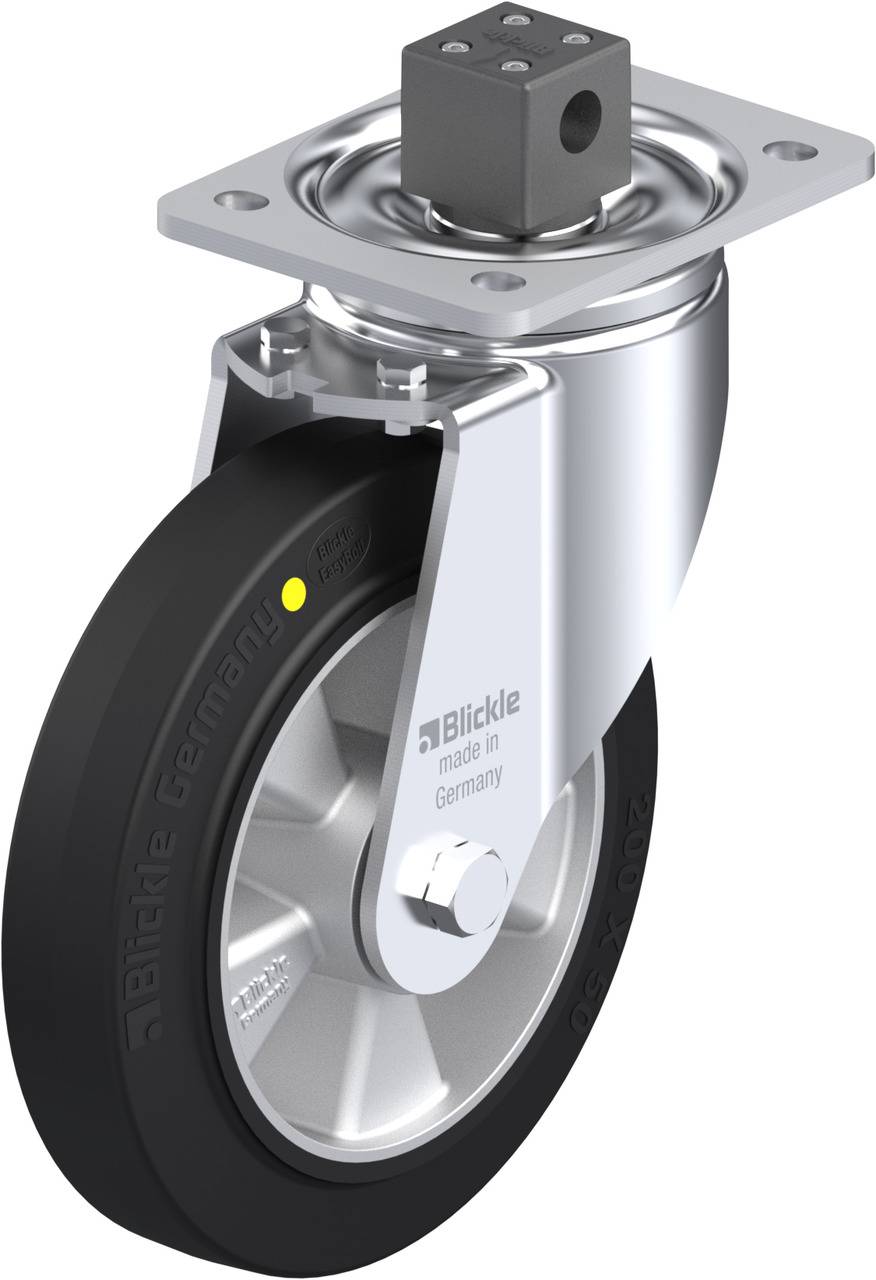 Schwenkrolle aus Metall mit schwarzem Rad aus Kunststoff. Markierung '