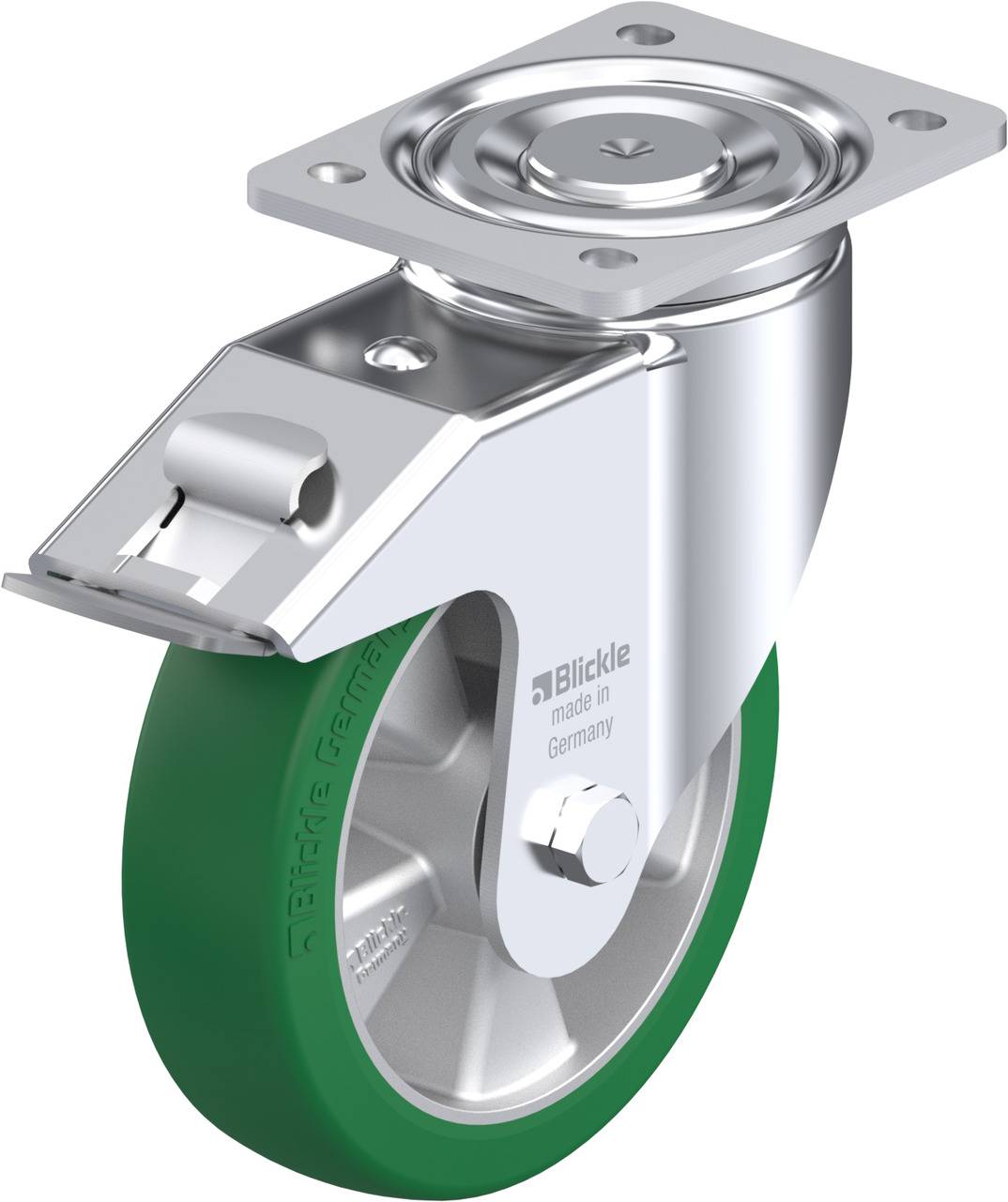Industrielle Lenkrolle mit grüner Gummibereifung und silbernem Gehäuse, geeignet für schwere Lasten.