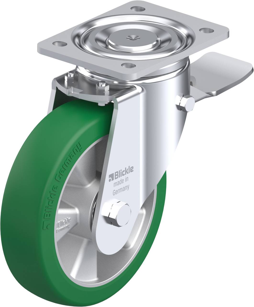Schwenkrolle mit grünem Gummireifen, silbernem Gehäuse und 'Made in Germany'-Aufschrift. Ideal für Transportgeräte.