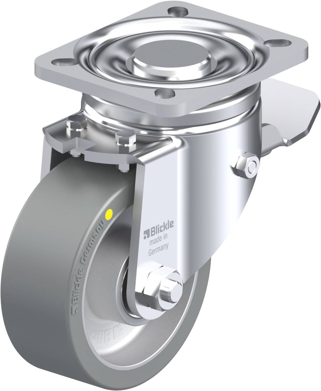 Schwenkrolle aus Metall mit grauem, gummiertem Rad; drehbar gelagert, auf einer Montageplatte. Ideal für Transportgeräte.