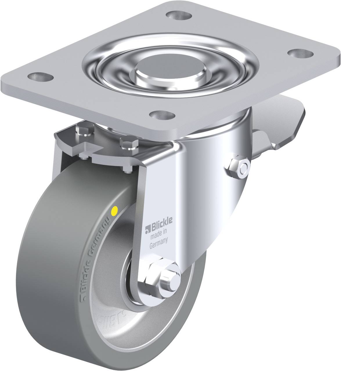 Schwenkrolle mit Metallplatte und grauem Rad, hergestellt von 'Blickle'. Geeignet für industrielle Anwendungen.