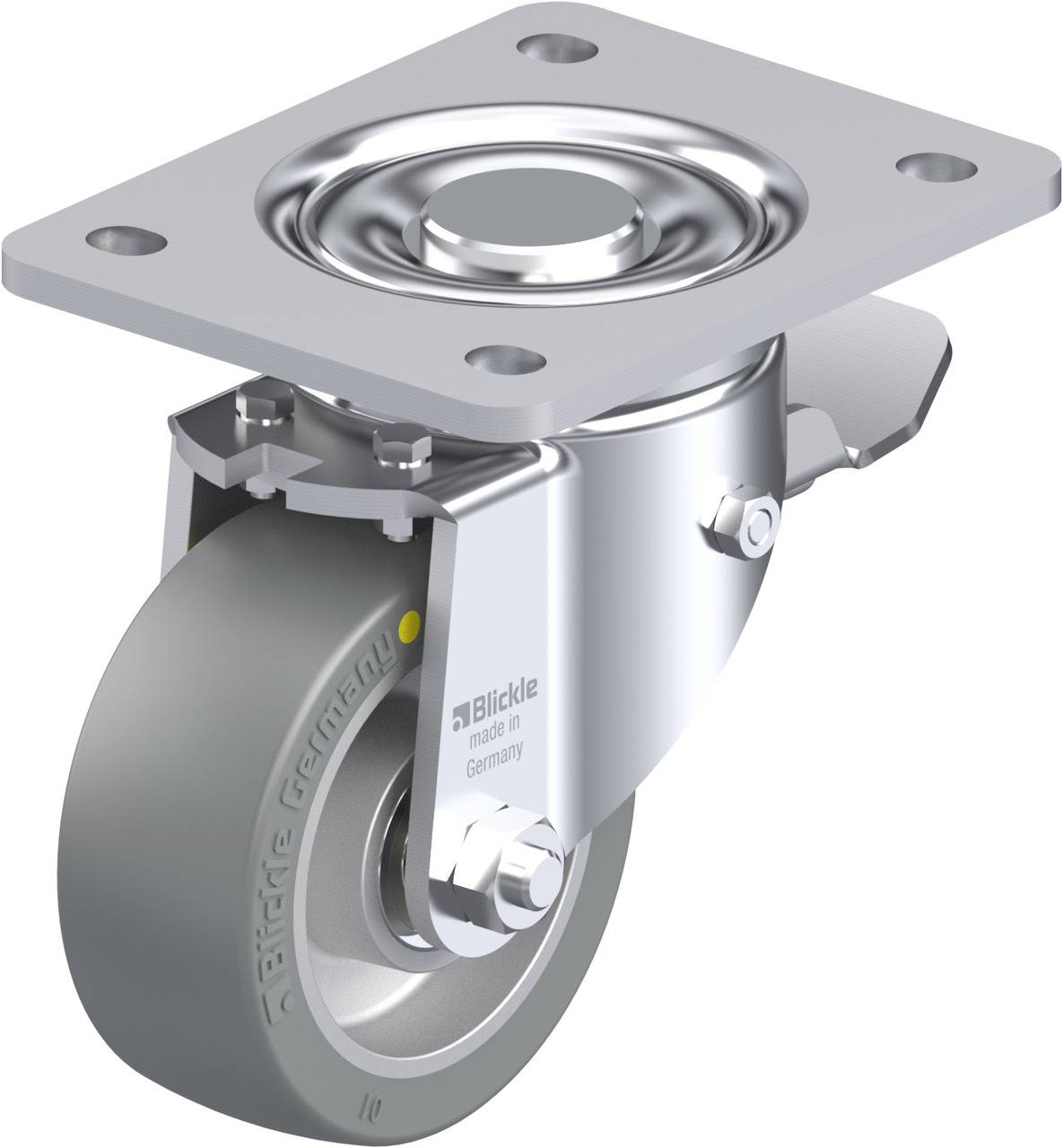 Rollenbefestigung mit grauer Radkonstruktion und silbernem Metallrahmen.