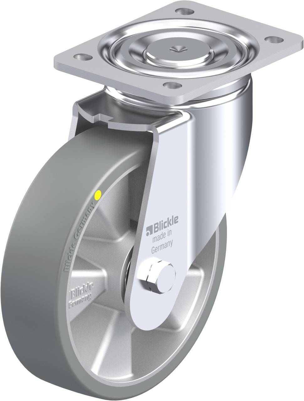 Ein silbernes Schwenkrollenrad mit grauem Rad und Befestigungsplatte, markiert mit 'Blickle made in Germany'.