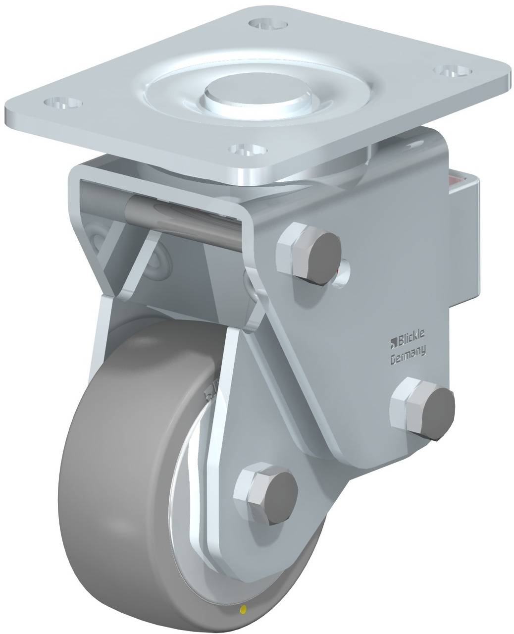 Industrie-Schwenkrolle mit grauem Rad und Silbermetallhalterung, für schwere Maschinen geeignet.