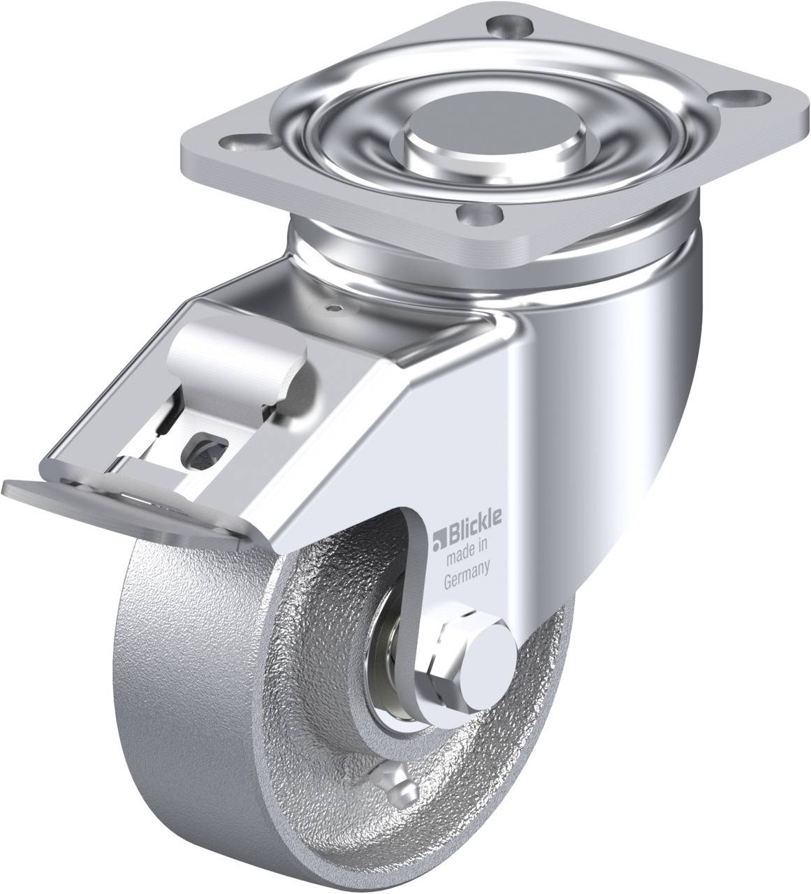 Metallisches Lenkrollenrad mit Halteplatte und silberner Oberfläche, geeignet für den Einsatz an Möbelstücken oder Geräten.