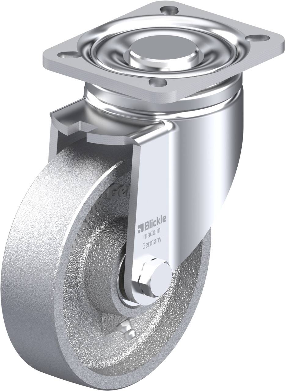 Eine silberne Lenkrolle mit metallischer Oberfläche, montiert auf einer quadratischen Platte, geeignet für industrielle Anwendungen.