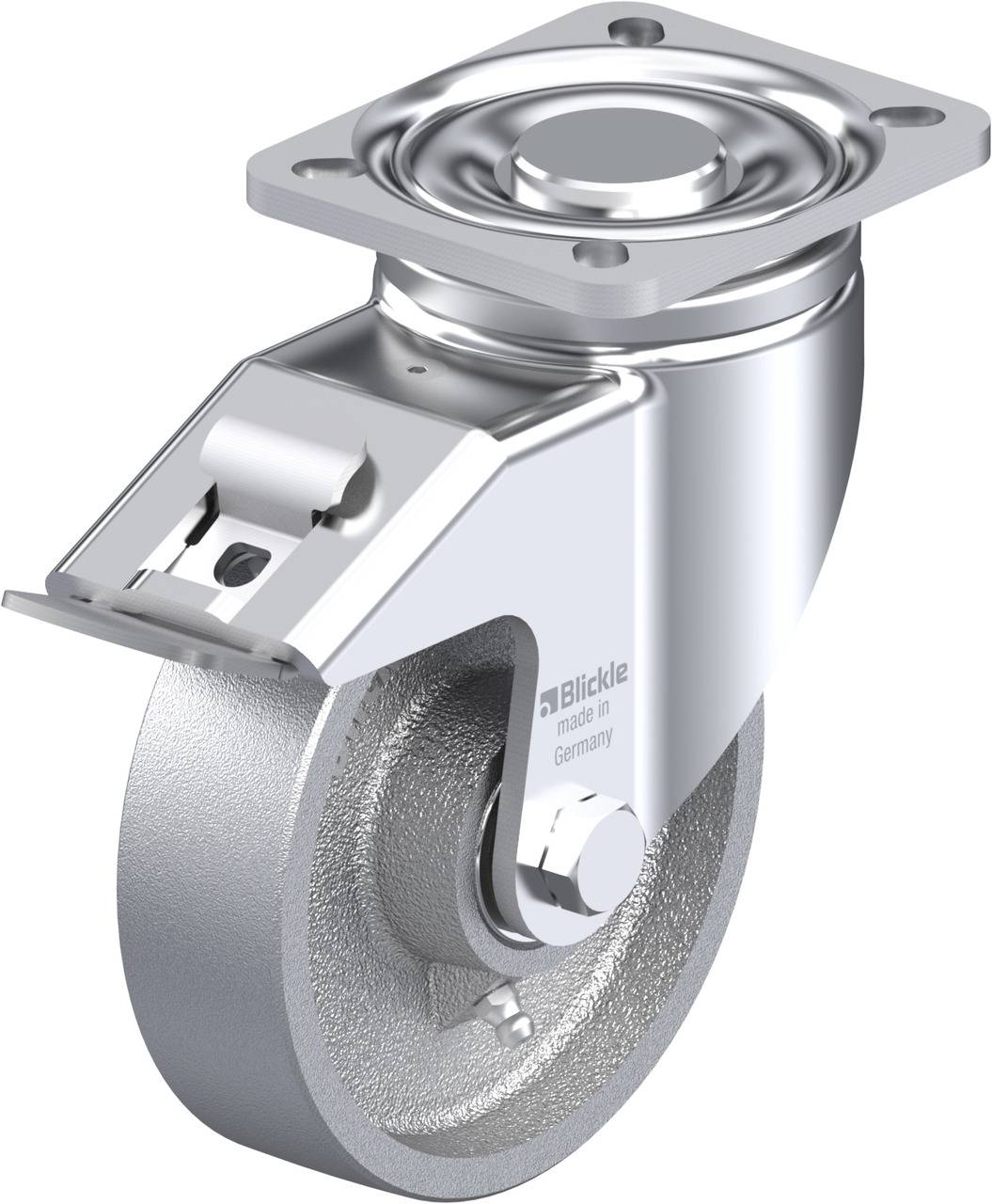 Schwenkrolle aus Metall mit Flanschplatte und seitlichem Feststeller, geeignet für industrielle Anwendungen.