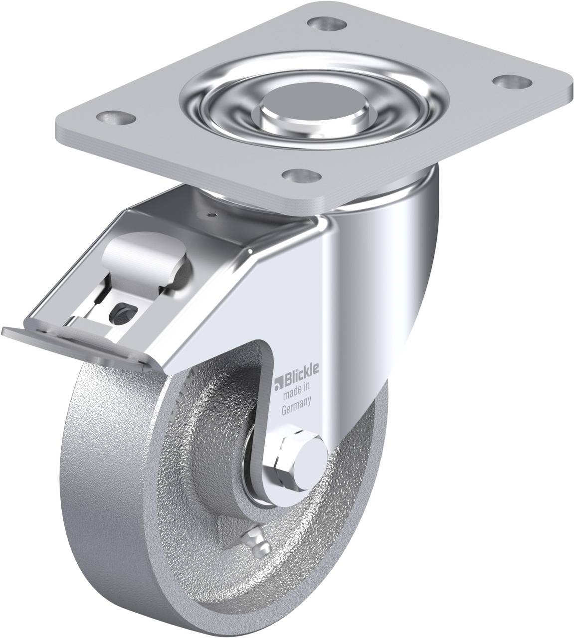 Schwenkrolle aus Metall mit Befestigungsplatte, geeignet für schwere Lasten. Rolle hat eine silberne Farbe und glänzende Oberfläche.