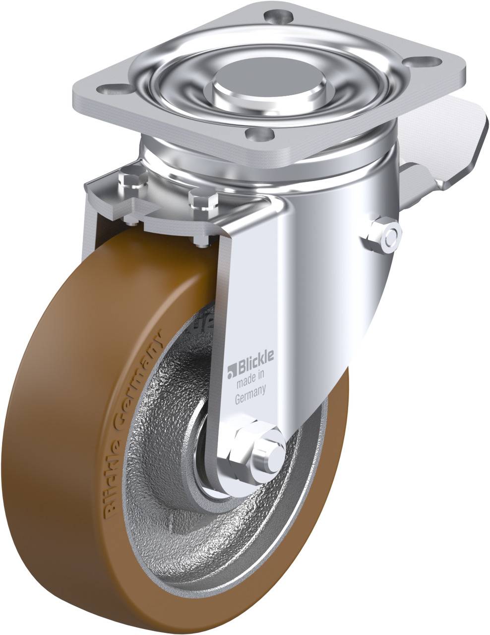 Metall-Schwenkrolle mit braunem Gummirad, befestigt an einer Stahlplatte mit Drehgelenk. Verwendet für Mobilität von Geräten.