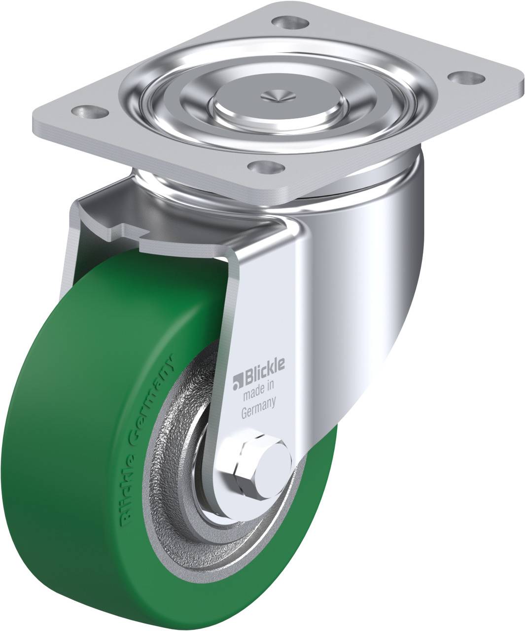 Eine grüne Lenkrolle mit Metallgehäuse und Befestigungsplatte aus Stahl, hergestellt von der Marke, bezeichnet als 'Blickle made in Germany'.